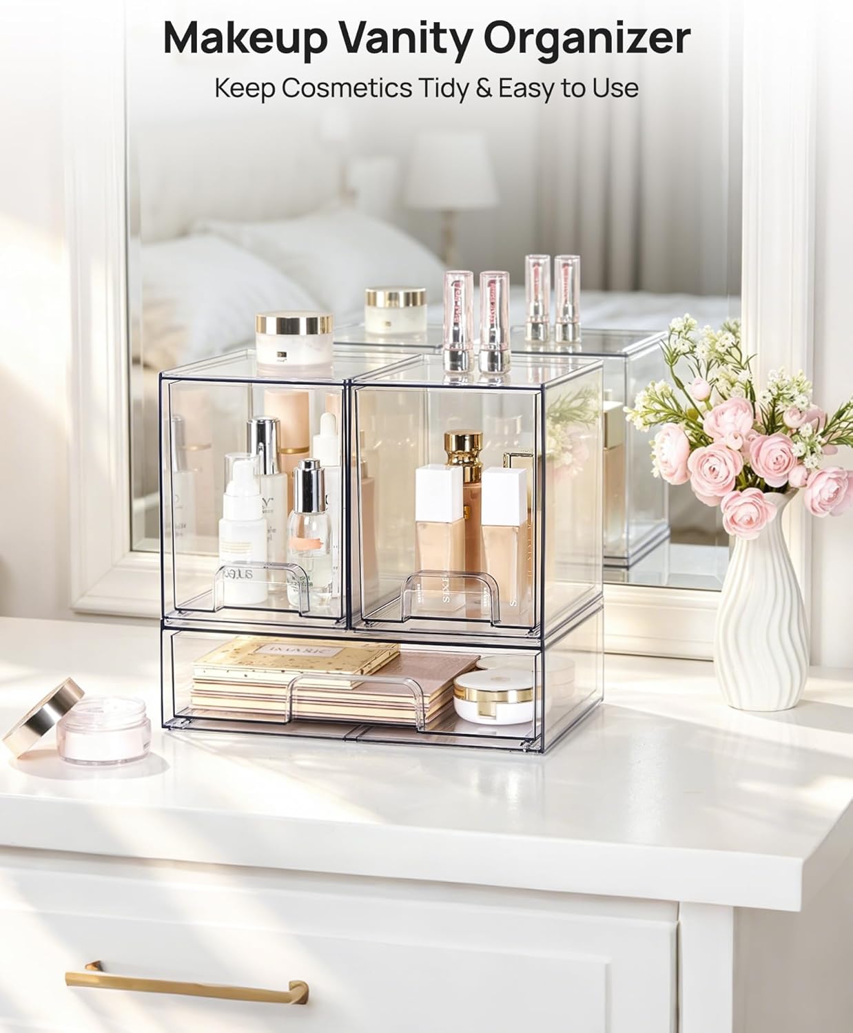 Vtopmart Stackable Storage Drawers Set of 3,Clear Plastic Organizer Bins for Makeup, Cosmetics, Beauty Supplies,Ideal for Vanity, Bathroom,Cabinet,Pantry Organization