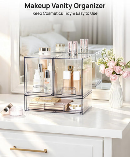 Vtopmart Stackable Storage Drawers Set of 3,Clear Plastic Organizer Bins for Makeup, Cosmetics, Beauty Supplies,Ideal for Vanity, Bathroom,Cabinet,Pantry Organization