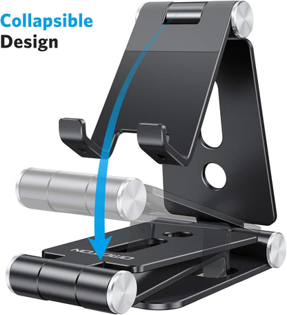 OMOTON Foldable Cell Phone Stand, C4 Portable Aluminum Phone Holder, Adjustable Phone Dock Cradle for iPhone 17/16/15 Pro Max Air, Small Tablets, Smart Phones, Women Men Gift for Fathers Day, Silver