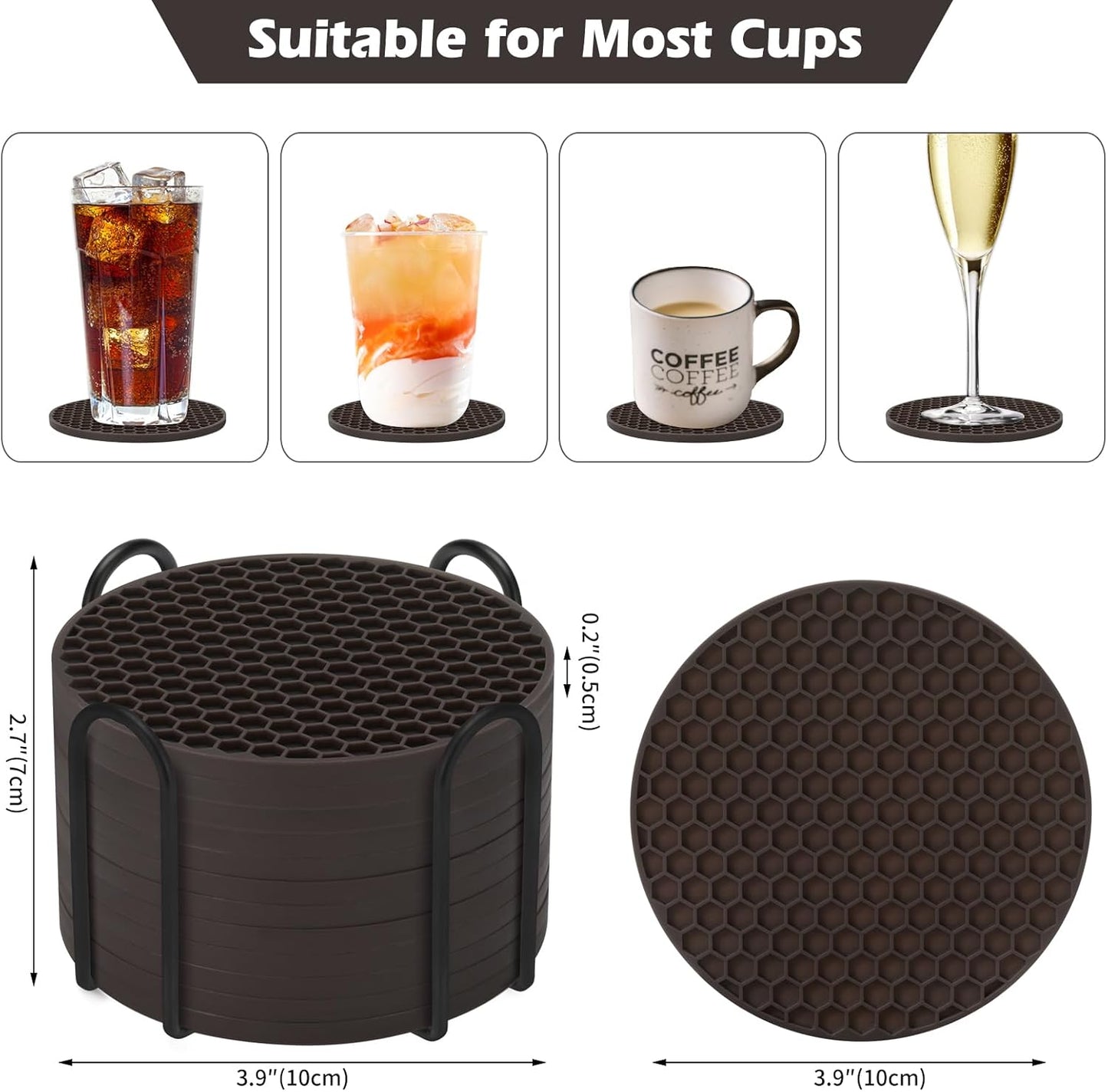 TWTLi Silicone Coasters Set of 8 with Holder,Coasters for Drinks,Beer,Coffee Coasters,Suitable for Kinds Cups,Hot or Cold,Anti-SLI,Non-Stick,Anti-Overflow Tabletop Protection and Decor (8 Pcs, Black)
