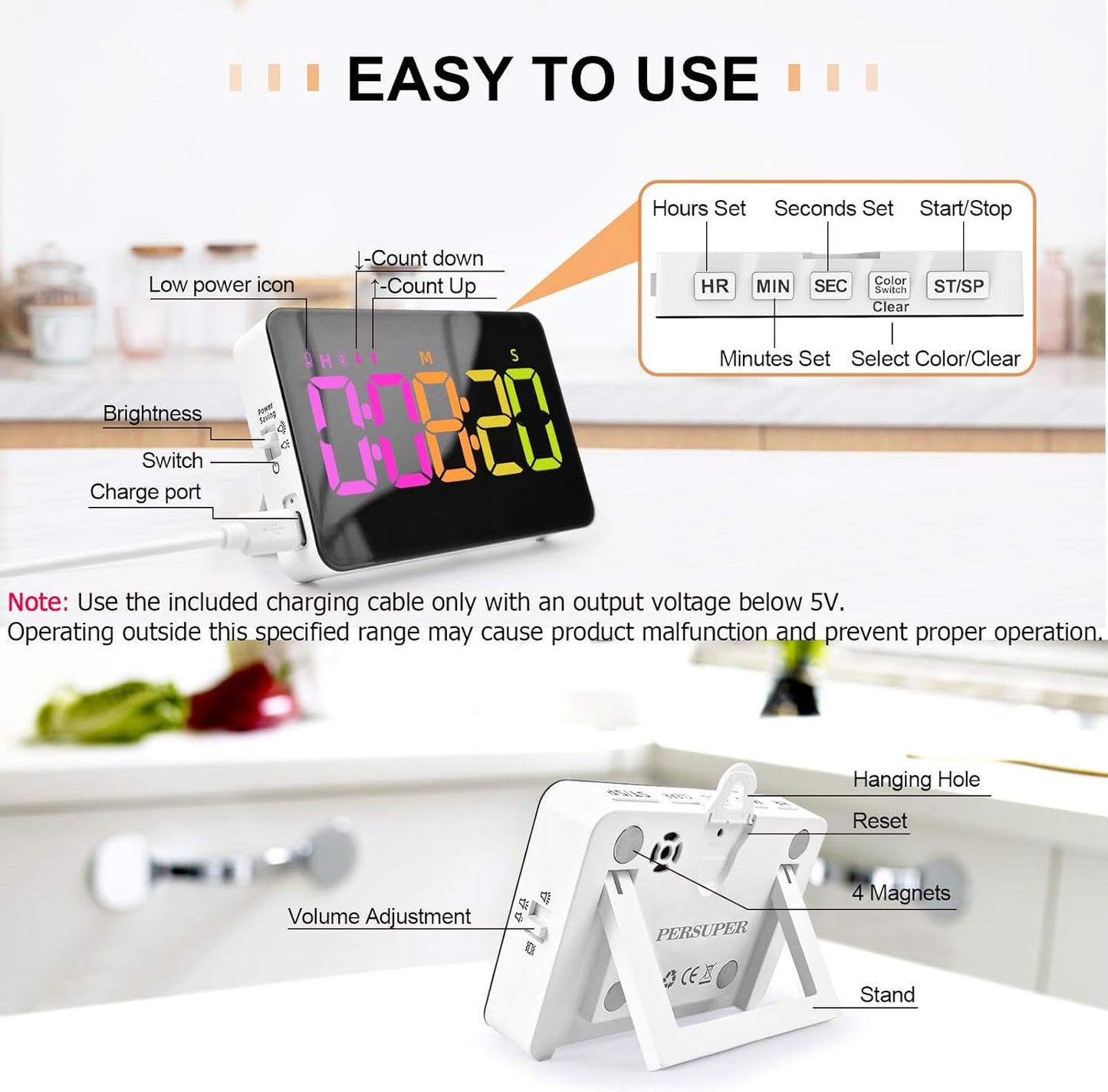 PERSUPER Kitchen Digital Timer, Count Down Up, Rechargeable, Vibration Mode Adjustable Volume and Brightness LED Display, Time Management Cook, Desk, Kids Adults Study Teaching, Kitchen Gadgets RGB