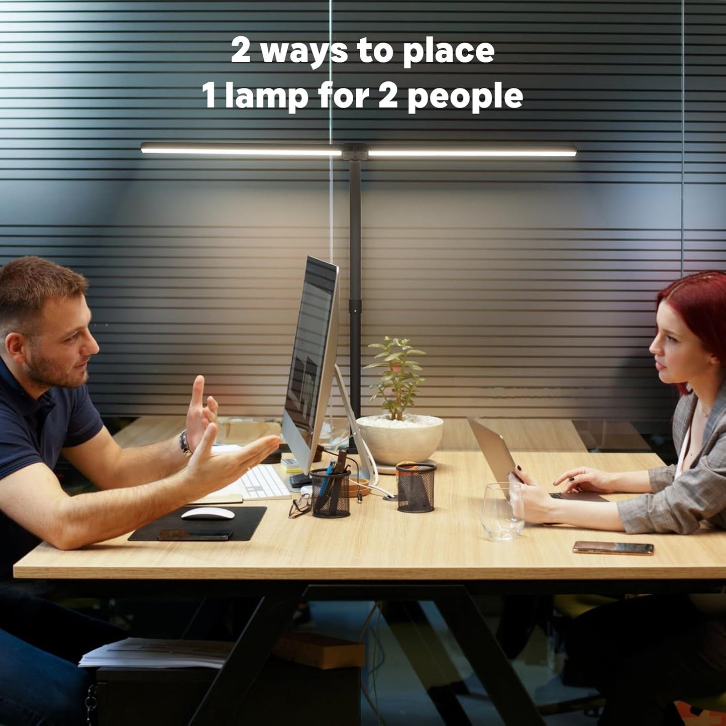 LED Desk Lamp with Base - Bright Dimmable Computer Lamp with Phone Holder, 24W Bendable Desk Light for Monitor Screen, Eye-Caring Tall Desktop Light for Task Home Office Work, Black, Dual Head