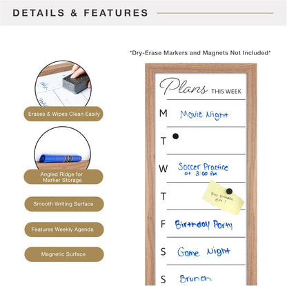 MCS Dry Erase Weekly Planner 11x24 Walnut Framed Calander Whiteboard for Wall, Plan Your Week with Family Weekly Planner for Dinners, Sports, Events & More