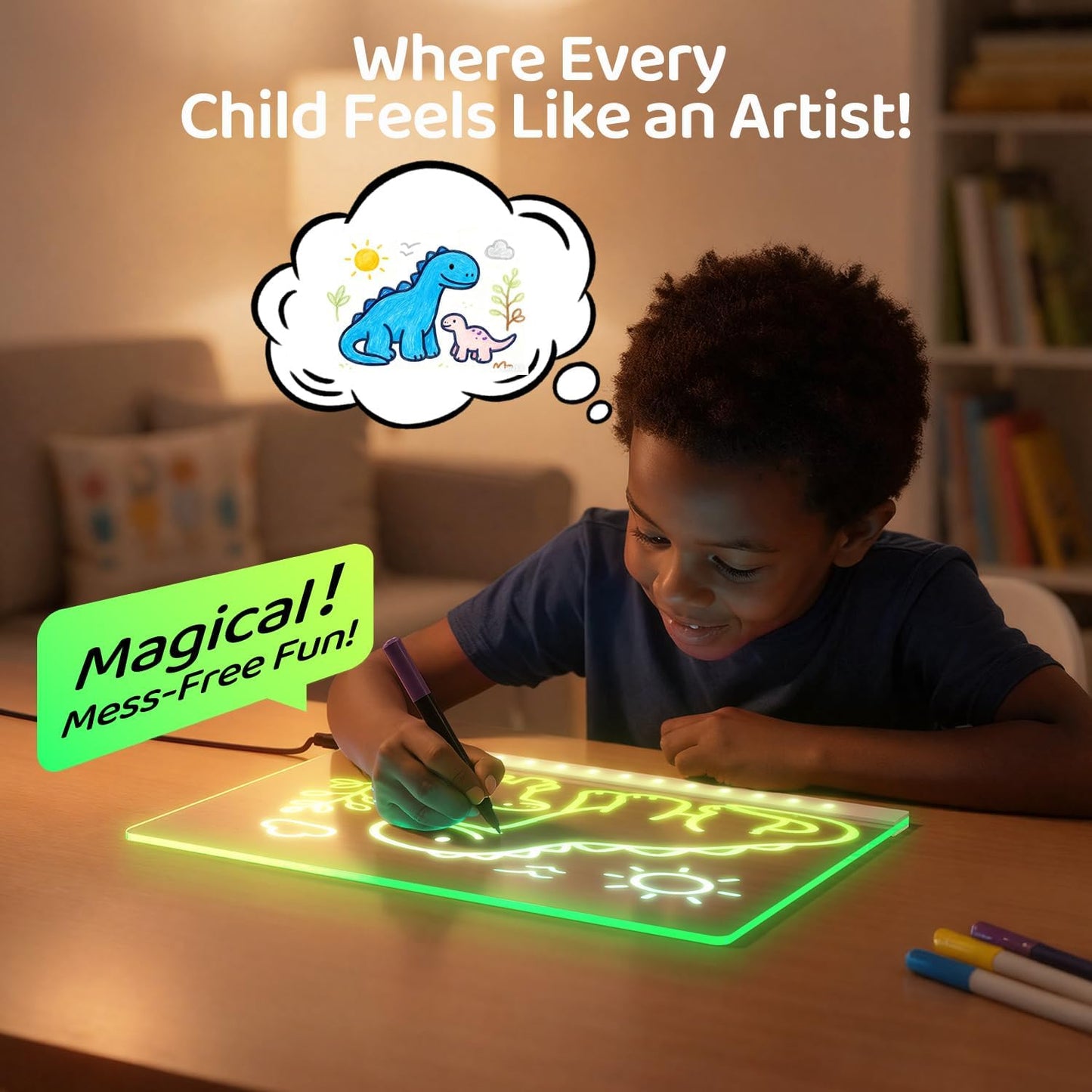 LED Drawing Board with 7 Colors & 3 Light Modes - Glow Doodle Board, Includes 7 Markers + Tracing Book, Dry Erase Note Boards, Halloween Christmas Birthday Gifts for Kids (7.9"x11.8")