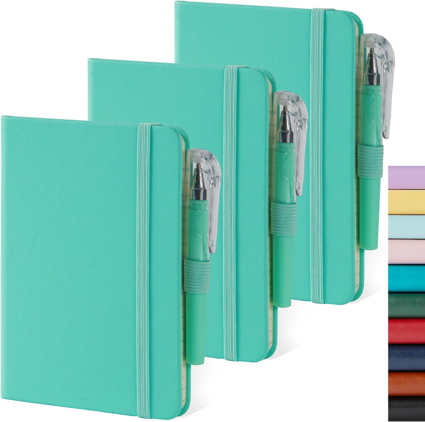 NIRMIRO 3 Pack Pocket Notebook Journals, Small Notepad Notebooks for Note Taking, A6 Mini Note pads with Pen Holder, 408 Lined Pages, 3.7" x 5.7", Black, Brown, Blue