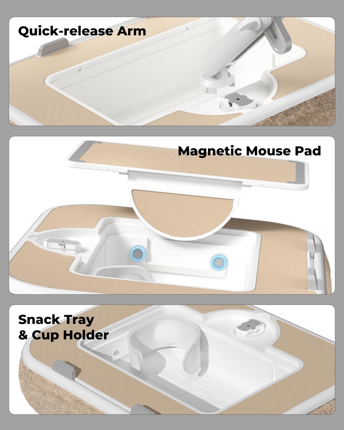 SupeDesk Laptop Lap Desk, Adjustable iPad Holder for Bed, 360° Swivel Tablet Arm, Laptop Desk with Mouse Pad, Snack Bowl & Cup Holder, Fits 4.7–13” Tablets & 15” Laptop
