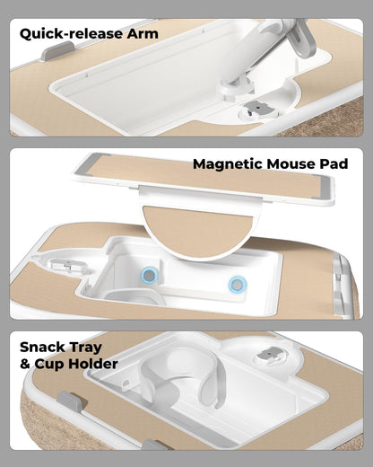 SupeDesk Laptop Lap Desk, Adjustable iPad Holder for Bed, 360° Swivel Tablet Arm, Laptop Desk with Mouse Pad, Snack Bowl & Cup Holder, Fits 4.7–13” Tablets & 15” Laptop