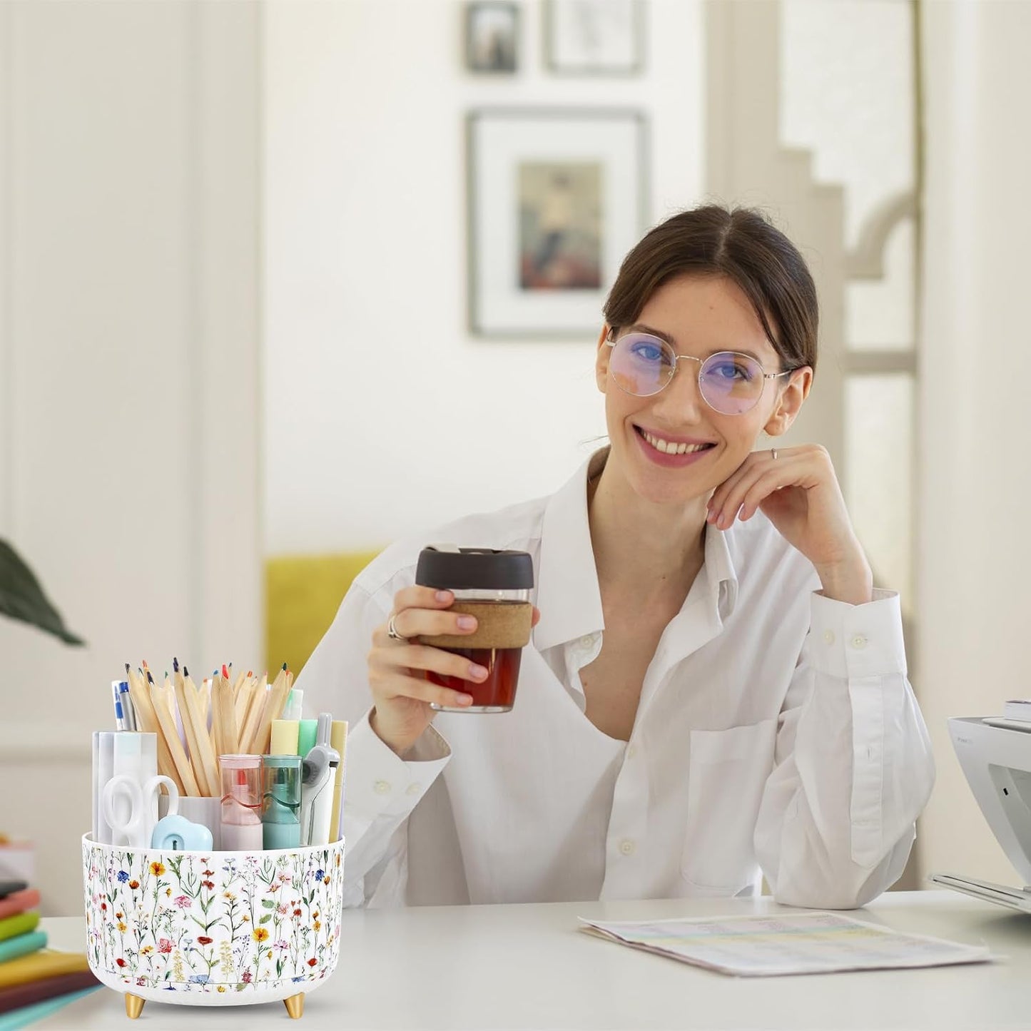 SKYDUE 360 Rotating Plastic Desk Pen Organizer with 5 Slots, Dual-Purpose Art Supply Pencil Cup for Office, School, Home