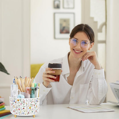 SKYDUE 360 Rotating Plastic Desk Pen Organizer with 5 Slots, Dual-Purpose Art Supply Pencil Cup for Office, School, Home