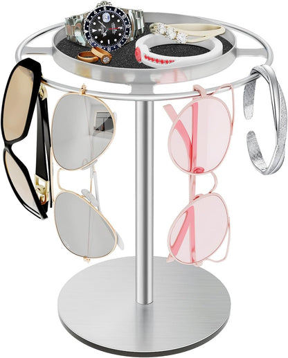 LSK Metal Sunglasses Organizer, Glasses Holder Stand with Storage Tray, Eyeglasses Holder with Anti-Slip Pads for Tabletop, Desk, Dresser, Matte Black