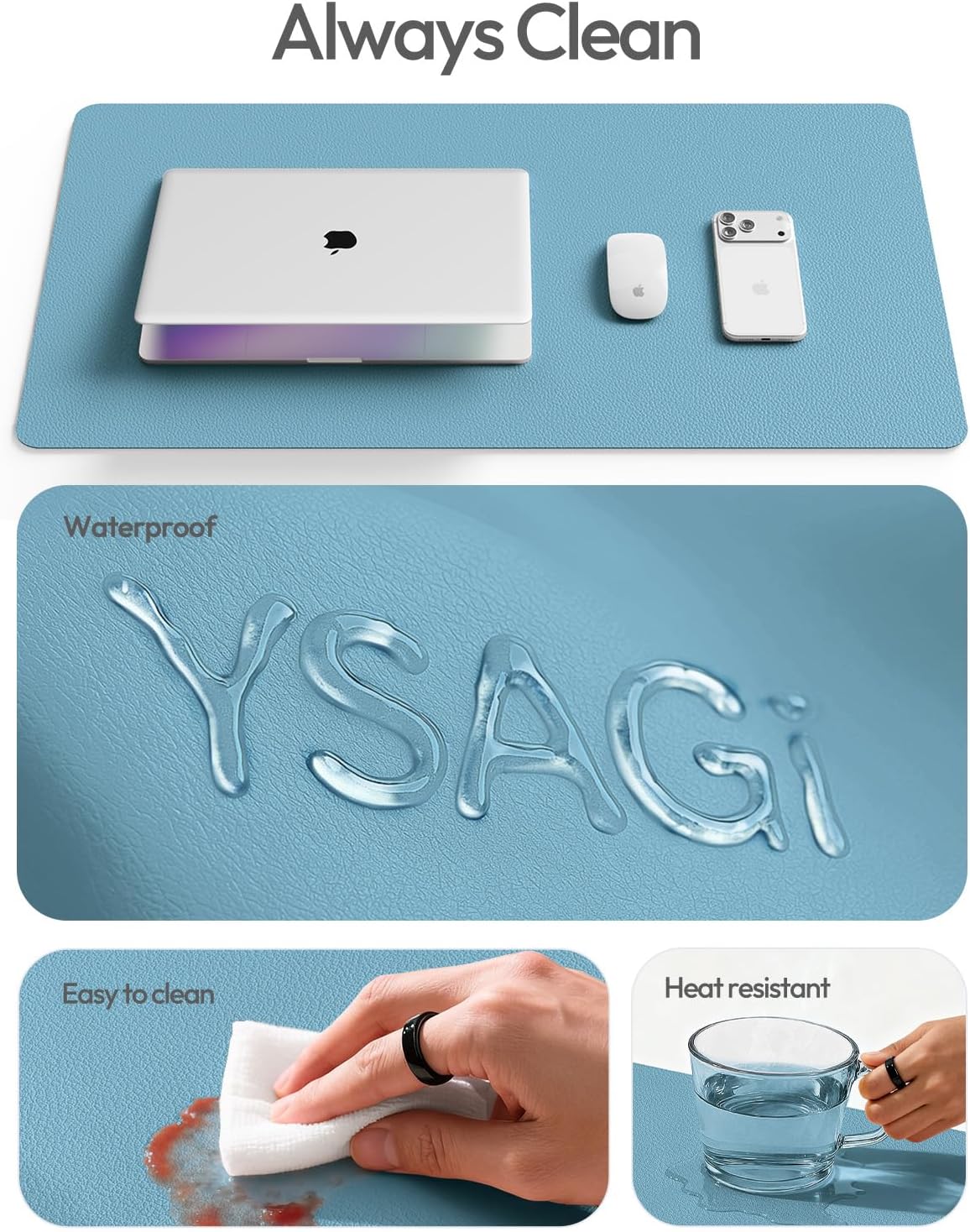 YSAGi Large Extended PU Leather Desk Pad Protector – Non-Slip Waterproof Desk Mat for Office & Home, Easy Clean Mouse Pad & Laptop Writing Blotter 35.4"x17" Black - Colors B
