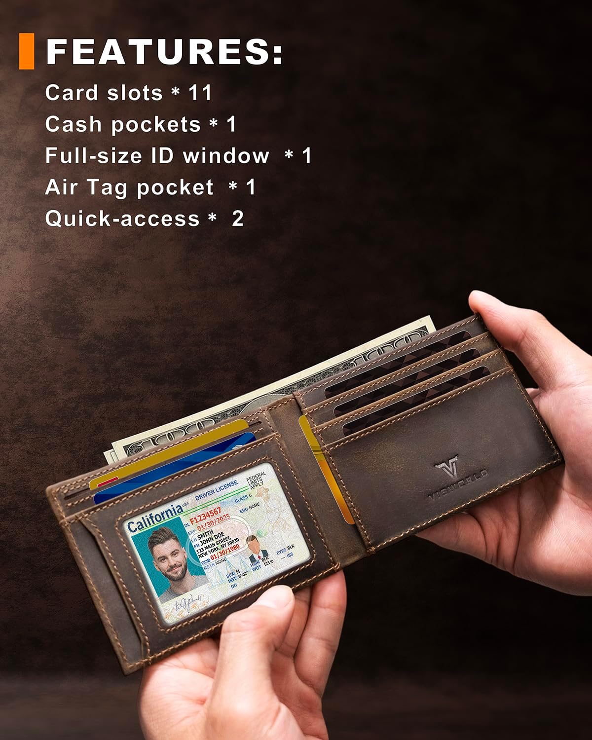Men's Wallet with Airtag Holder, Bifold Full-Grain Leather Wallet for Apple Air Tag (1st & 2nd Generation), Slim Wallet for Men with RFID Blocking, 11 Card Slots