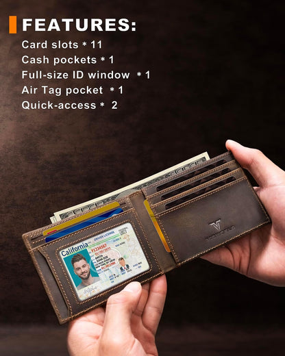 Men's Wallet with Airtag Holder, Bifold Full-Grain Leather Wallet for Apple Air Tag (1st & 2nd Generation), Slim Wallet for Men with RFID Blocking, 11 Card Slots