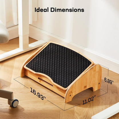 HUANUO Bamboo Under Desk Footrest, Ergonomic Foot Rest with 4 Height Options & Adjustable Angles, Pebble Massage Surface, Non-Slip Foot Rest for Under Desk at Work for Improved Posture, Home & Office