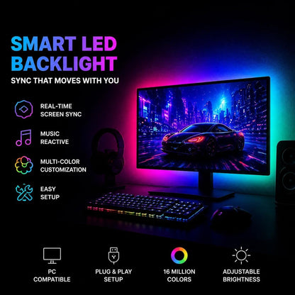 RGB Monitor Backlight with Screen Sync for 32 Inch Screens, Dual USB Powered LED Ambient Lighting Kit, Music Rhythm & Dynamic Modes, Immersive Bias Lighting for Home Office Gaming (4 Sides - 32 inch)