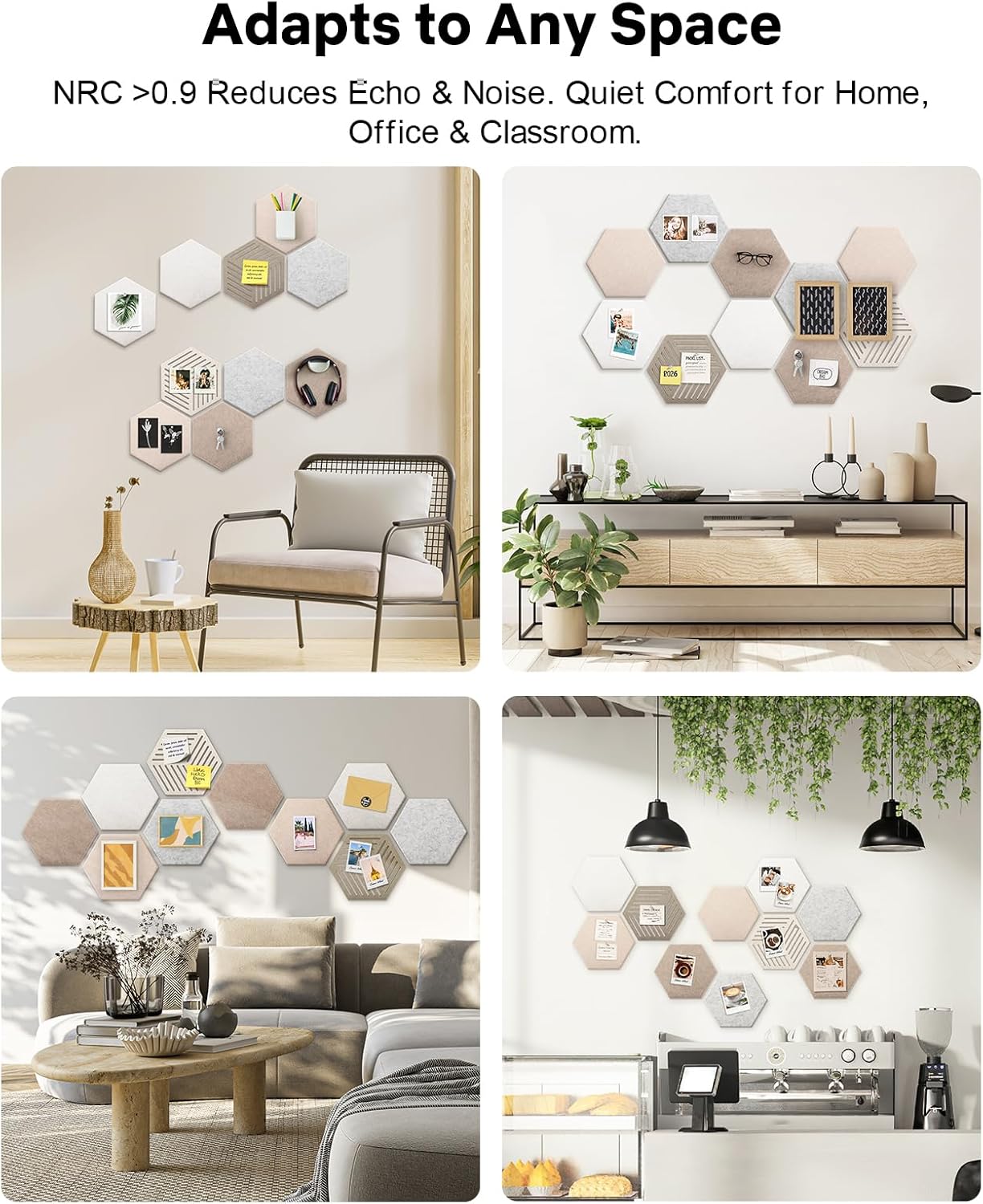 Hexagon Cork Board Alternative 10 Pack Felt Bulletin Board Tiles for Wall Decor, 12" Self-Adhesive Frameless Pin Board with 50 Push Pins for Office, Classroom, Home, Vision Board, Message Center