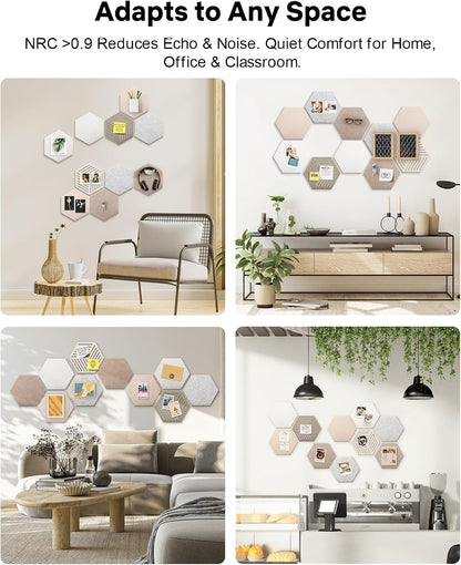 Hexagon Cork Board Alternative 10 Pack Felt Bulletin Board Tiles for Wall Decor, 12" Self-Adhesive Frameless Pin Board with 50 Push Pins for Office, Classroom, Home, Vision Board, Message Center