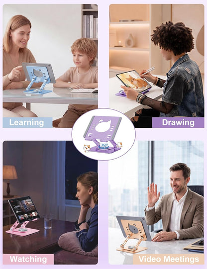 Aoviho Tablet Stand 360° Rotating Aluminum Holder - Adjustable, Portable & Foldable Monitors Stand for iPads, Compatible with 4-13.3" Tablets, Purple