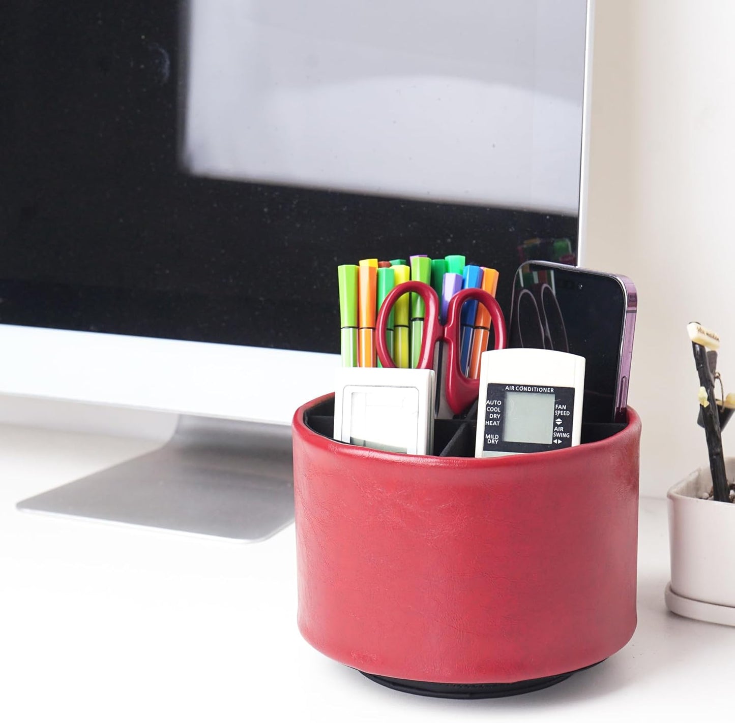 Round Leather Art Supply Organizer,Remote Control Holder,360 Degree Rotating,Multi-Functional Pencil Holder,4 Compartments Desktop Stationary Organizer(1-Fractal Flower) | Round - Colors C