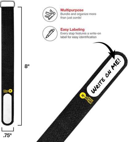 Wrap-It Storage Cinch-Straps, 5-in (20-Pack) Black - Hook and Loop Strap with Write on Label for Easy Cord Identification and Cable Management