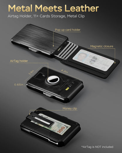 RFID Wallet for Men with AirTag Holder - Brushed Aluminum Pop Up Card Holder, Slim Money Clip Wallet Fits Front Pocket with ID Window, Holds 11 Cards and Cash, Gift for Men