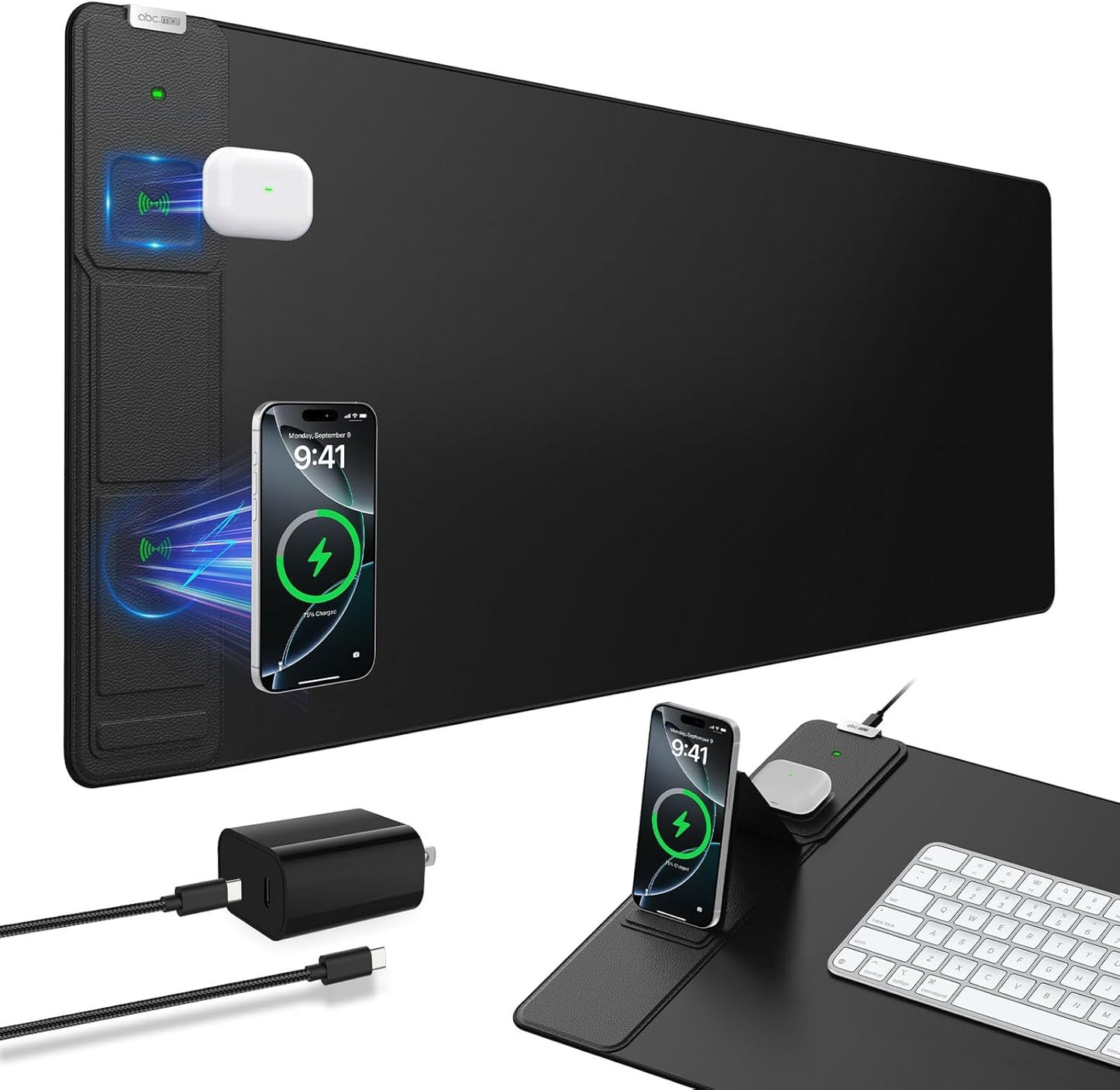 Wireless Charging Mouse Pad with Foldable Phone Holder, 31.5"x15.8" Large Desk Mat for Laptop/Keyboard, Waterproof Ultra-Smooth Surface, Non-Slip Base, Black