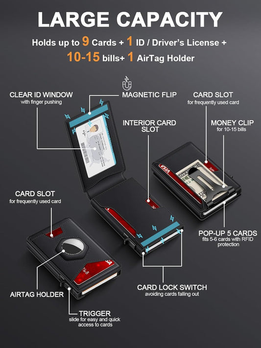 Airtag Wallet for Men, Smart Minimalist Metal Wallet Pop Up Credit Card Holder, Holds 8-12 Cards, RFID Blocking, ID Window & Magnetic Closure, Compact Aluminum Card Case (Gift Box)
