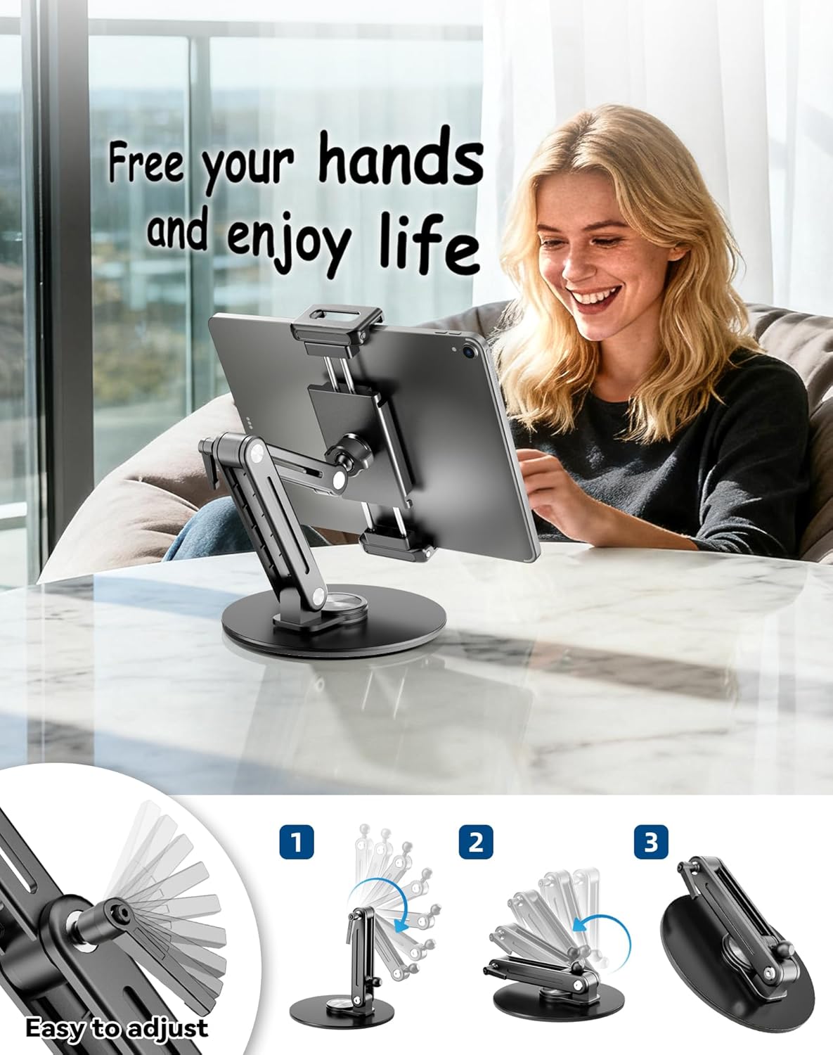 Portable Monitor Stand Large Clamp - Heavy Duty Aluminum Body supports up to 4.4 lbs 16" 17.3" 18.5 inch 360° Rotating Base Swivel Foldable Desk Stand for iPad Holder Tablet Mount for Kitchen/Travel