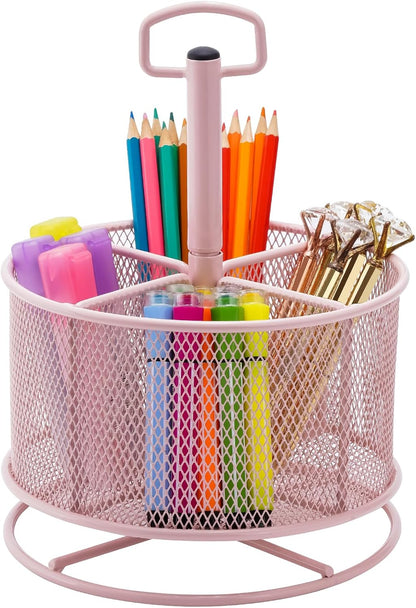 Marbrasse Mesh Desk Organizer, 360-Degree Rotating Multi-Functional Pen Holder, 4 Compartments Desktop Stationary Organizer, Home Office Art Supply Storage Box Caddy (Black)