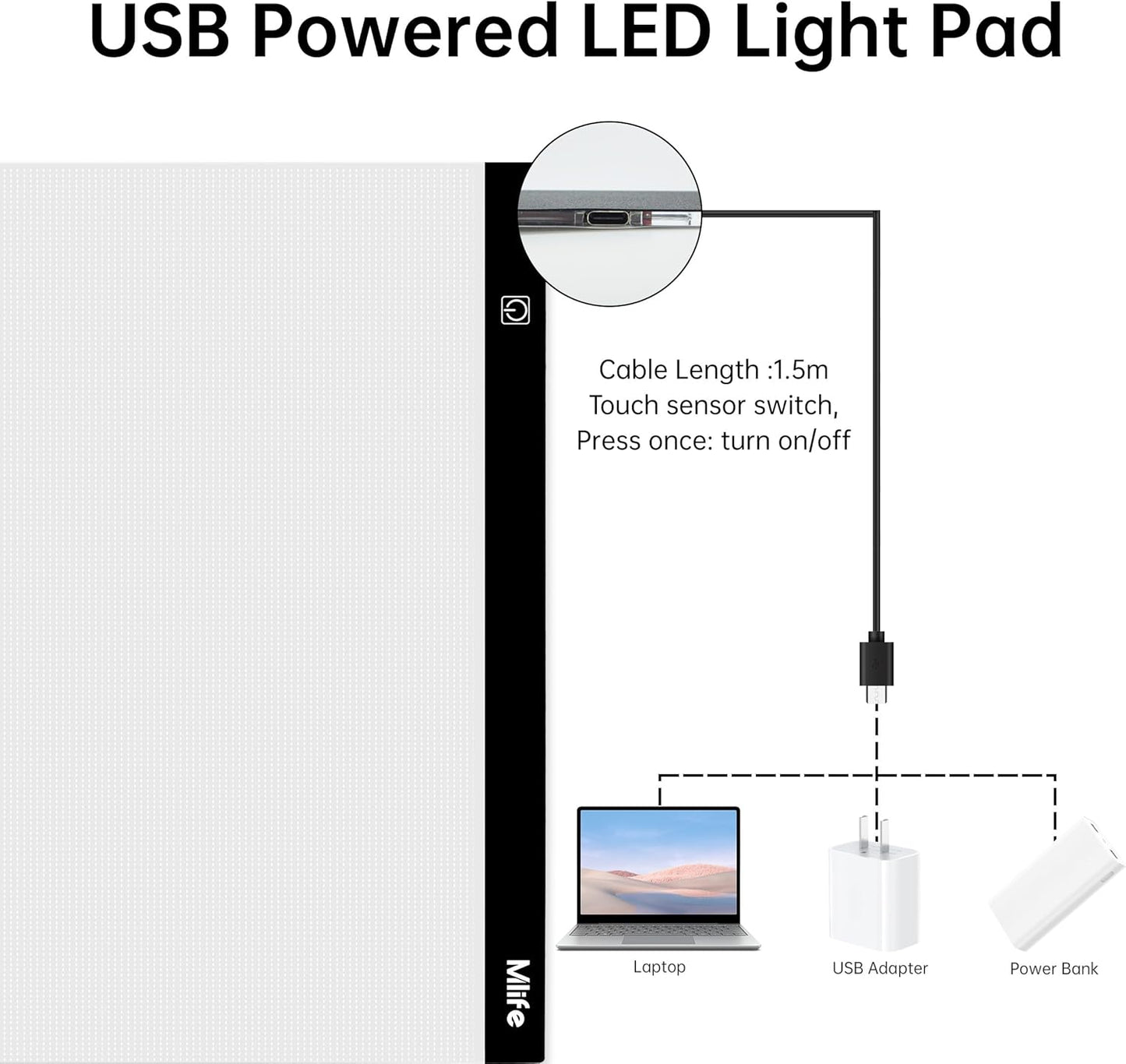 Mlife A2 LED Light Pad for Diamond Painting Kits, Diamond Art Light Board, USB Powered Tracing Light Board Diamond Art Accessories for Drawing, Sketching, Animation with Stand & 4 Fasten Clips