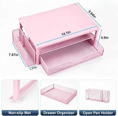 Spacrea Desk Organizer and Accessories, Computer Monitor Stand Riser with Drawer and 2 Pen Holders, Office Desk Accessories & Workspace Organizers for Office Supplies (Wood)