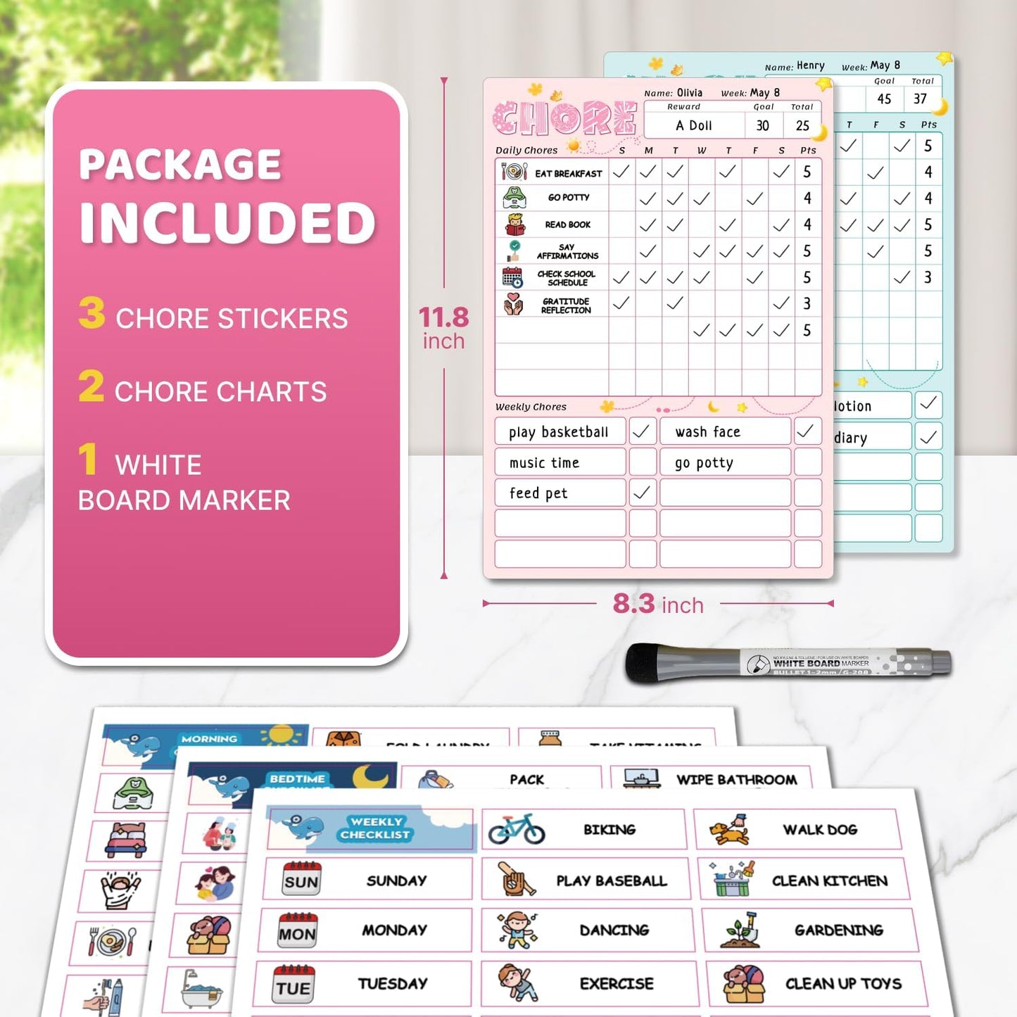 Upgraded Slider Dry Erase Chore Chart for Kids, Whiteboard Magnetic Chore Chart for 2 Kids, Reusable Morning/Bedtime Routine Chart for Kid Toddlers Teens Adult, Visual Schedule for Kid with Autism