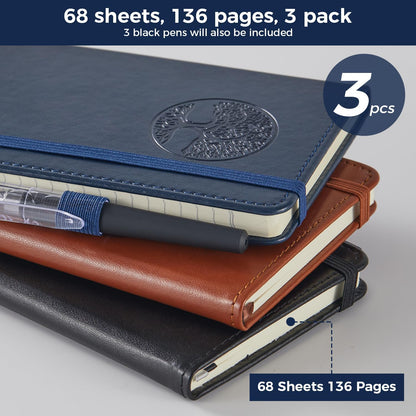 NIRMIRO 3 Pack Pocket Notebook Journals, Small Notepad Notebooks for Note Taking, A6 Mini Note pads with Pen Holder, 408 Lined Pages, 3.7" x 5.7", Black, Brown, Blue
