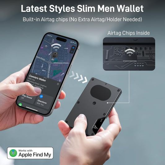 Slim Wallet for Men, Smart Minimalist Metal Wallet Built-in Airtag Tracking Chip, Compatible with Apple Find My, RFID Blocking Credit Card Holder with Money Clip, Gifts for Men (Black)