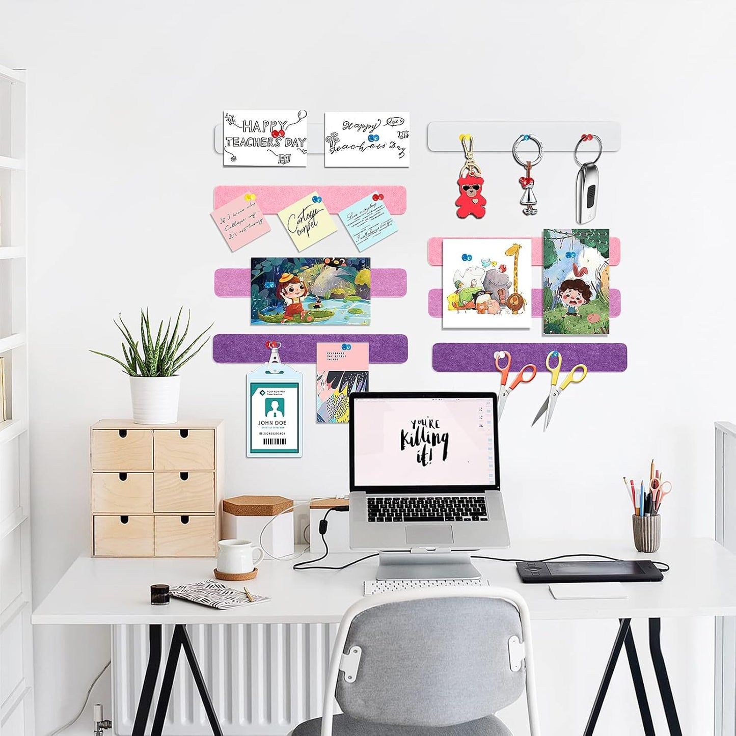 Felt Pin Board Bar Strips Bulletin Board for Bedrooms Offices Home Wall Decoration, Notice Board Self Adhesive Cork Board with 35 Push Pins for Paste Notes, Photos, Schedules