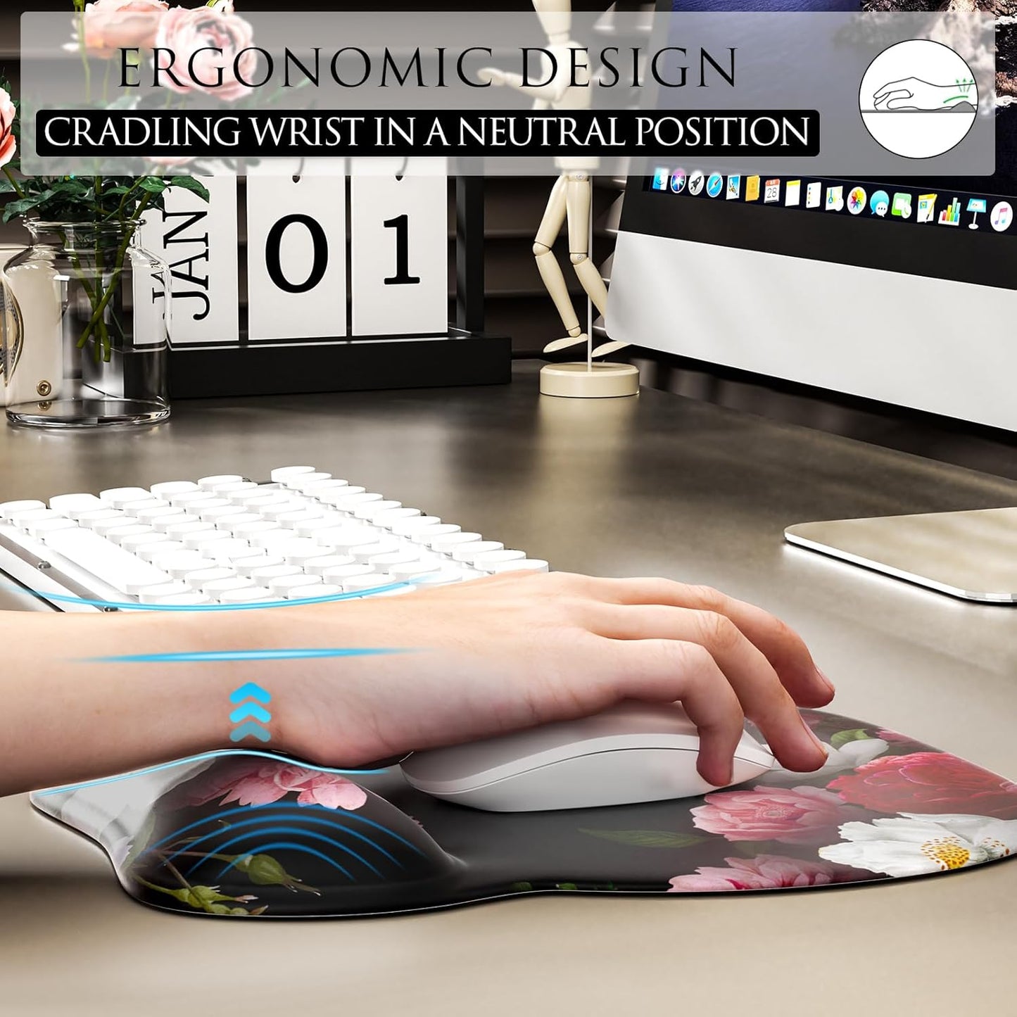 MROCO Ergonomic Mouse Pad with Gel Wrist Rest, Smooth Wrist Support Surface, Non-Slip PU Base for Pain Relief, Comfortable Mousepad for Computer, Laptop, Office & Home, 9.4 x 8.1 in, Black