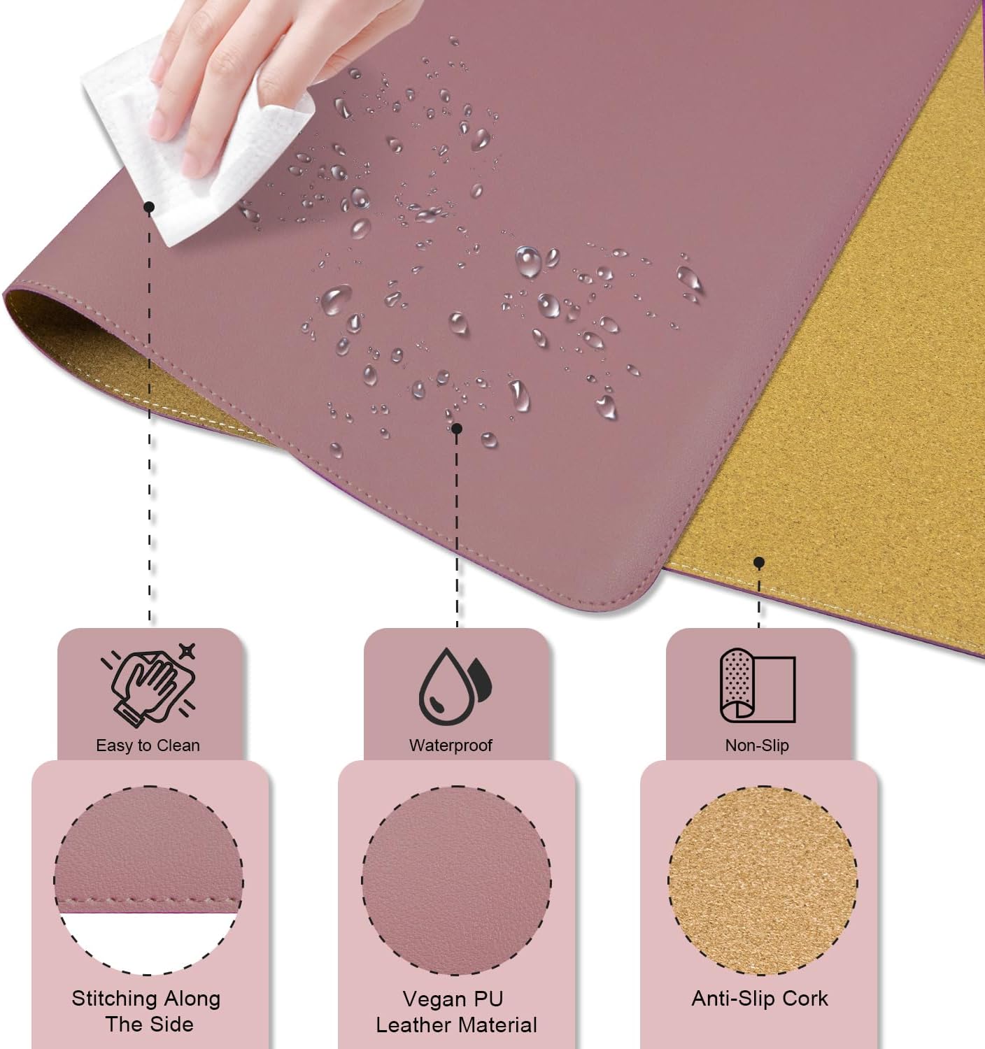 Non Slip Desk Mat, 31.5" x 15.7" PU Leather Desk Pad, Cork Desk Mat for Desktop, Desk Pad for Keyboard and Mouse, Ideal for Office and Home, Black