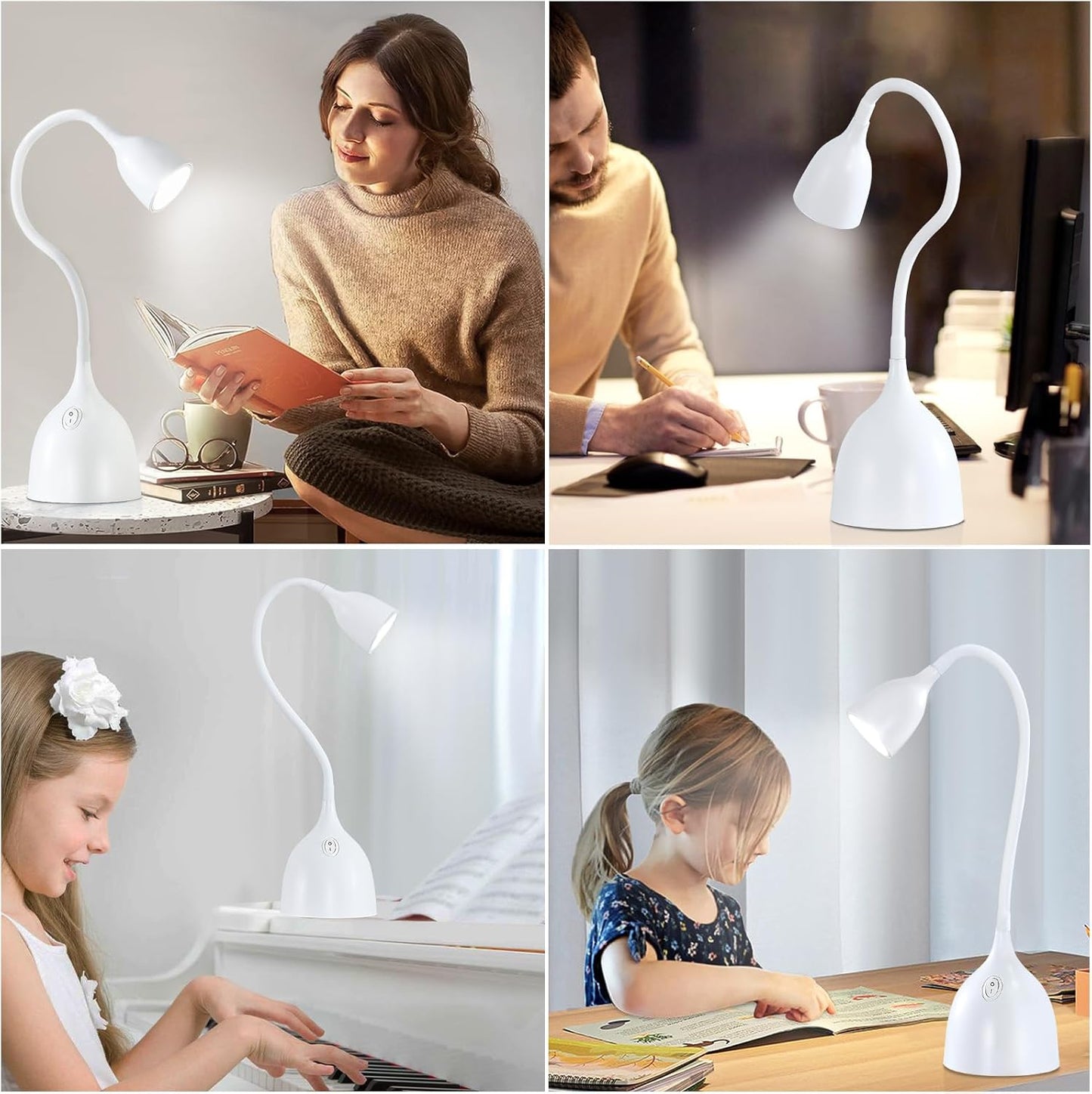 EJIAXIN Desk Lamp for Home Office - Clip on Reading Light and Bed Headboard Clamp Lamp, Bedside Gooseneck Table Lamp, Clip on Desk Lamps, Eye-Caring Desk Lamp for College Dorm Room Study Lamp, White