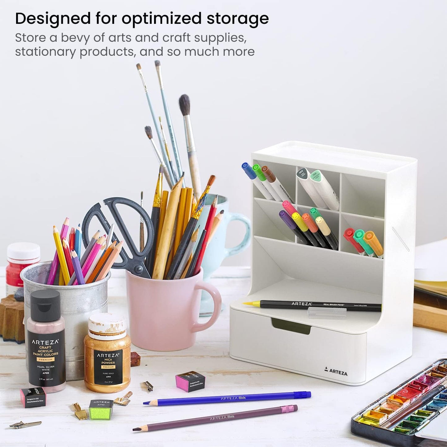 ARTEZA Desktop Pen and Marker Organizer, 6-Compartment White Pen Holder for Desk with Stationery Drawer, Makeup Organizer