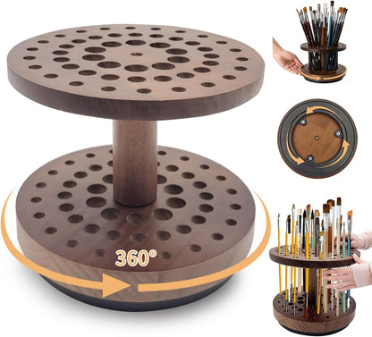 360 Degree Friction-Free Rotating Paint Brush Holder, 52 Multi-Size Hole Natural Hardwood Storage Stand, Space-Saving Desktop Organizer for Artist, Watercolor, Makeup Brushes and Craft Tools (brown)
