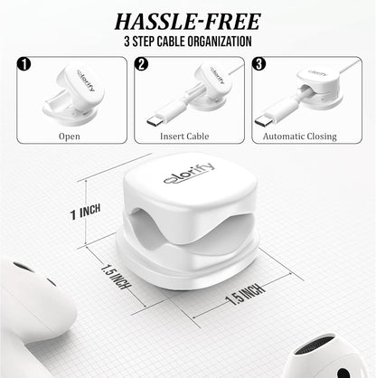 8 Pack Spring Cord Holder Clips [360° Rotatable, 1-Hand Use] — Adhesive Cable Clips for Nightstand, Desk, Wall & Kitchen | Phone Charger Cord Holder | No-Residue | Fits 2.5–8mm Cables