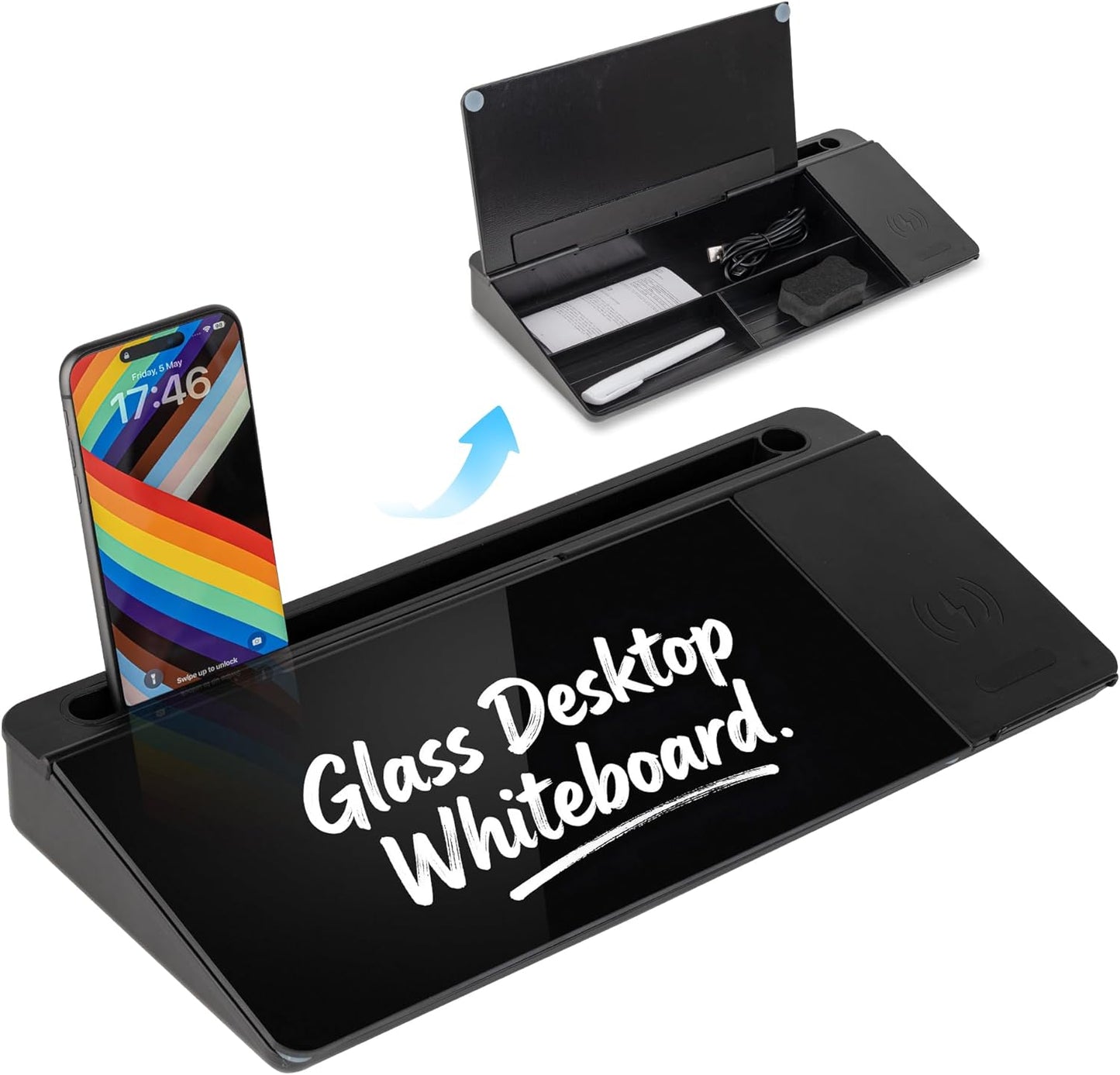 Glass Desktop Whiteboard 15.8×7”, Dry Erase Note Memo Board, Desk Organizer with Storage for Office, Home, Study, Black
