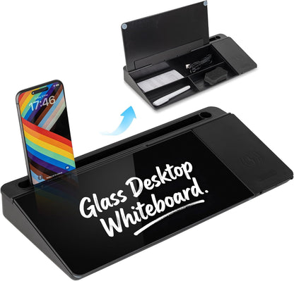 Glass Desktop Whiteboard 15.8×7”, Dry Erase Note Memo Board, Desk Organizer with Storage for Office, Home, Study, Black