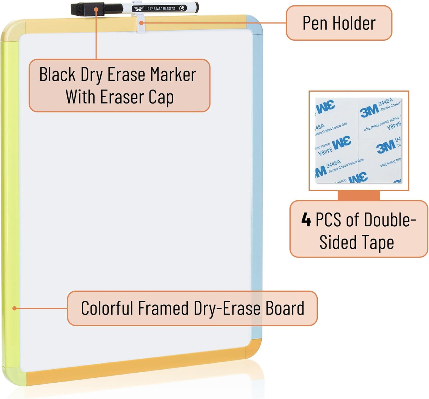 Mr. Pen- Dry Erase Board, 14” x 11” with a Black Dry Erase Marker, White Frame, Small Mini White Board for Students, Fridge, Wall, Locker, Includes Double Sided Tapes