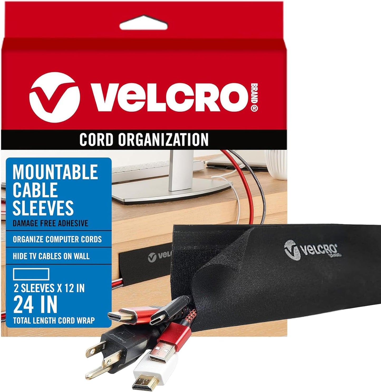 VELCRO Brand Mountable Cable Sleeve | Cord Management Mounts on Walls, Desk or Entertainment Center | Removable Adhesive is Damage Free | 8in Black, 2pk, 8in - 2Pk
