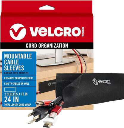 VELCRO Brand Mountable Cable Sleeve | Cord Management Mounts on Walls, Desk or Entertainment Center | Removable Adhesive is Damage Free | 8in Black, 2pk, 8in - 2Pk