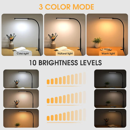 Voncerus LED Desk Lamp with Clamp, Eye-Caring Clip on Lights for Home Office, 3 Modes 10 Brightness, Long Flexible Goose-Neck, Metal, Swing Arm Architect Task Table Lamps with USB Adapter, White