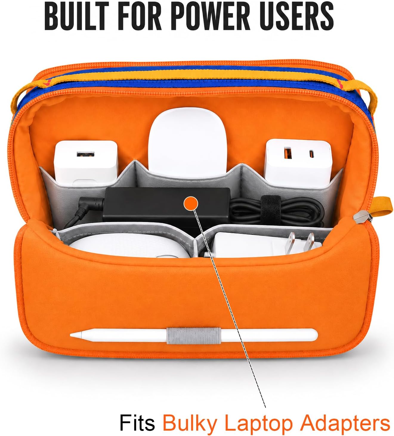 Tech Organizer Travel Case for MacBook Essentials, Self-Standing Digital Accessory Pouch for 140W Power Adapter, Magic Mouse, Cables & Cords, Travel Gear Bag for Power Users (Blue/Red)