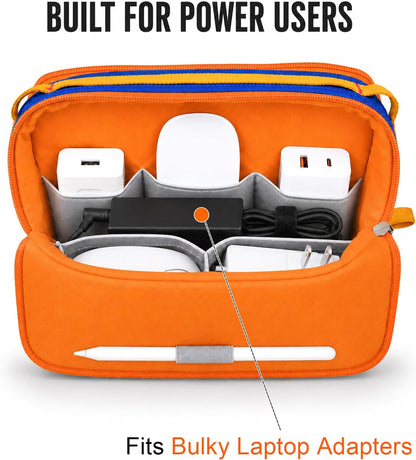 Tech Organizer Travel Case for MacBook Essentials, Self-Standing Digital Accessory Pouch for 140W Power Adapter, Magic Mouse, Cables & Cords, Travel Gear Bag for Power Users (Blue/Red)