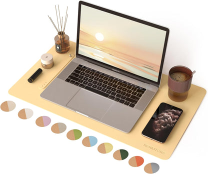 RENMTURE Desk Pad, Cork & PU Leather Desk Mat, Large Mouse pad, Non-Slip Desk Protector and Blotter, Waterproof Writing Pad, Desk Accessories and Organizers for Home Office (Light Yellow, 32"x16")